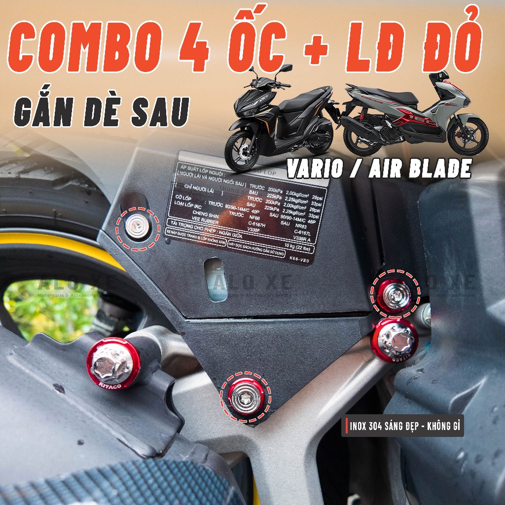 Combo 4 ốc Salaya Inox 304 kèm long đền đỏ gắn dè sau xe Stylo,  AB và Vario (Tặng 1 con tán và 1 lo