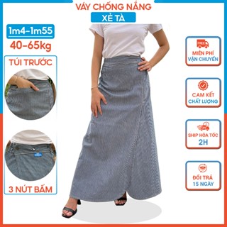 Váy chống nắng xẻ tà cho nữ dưới 1m55 vải kaki sọc dày dặn có nút bấm chân tạo thành quần H&T FASHION