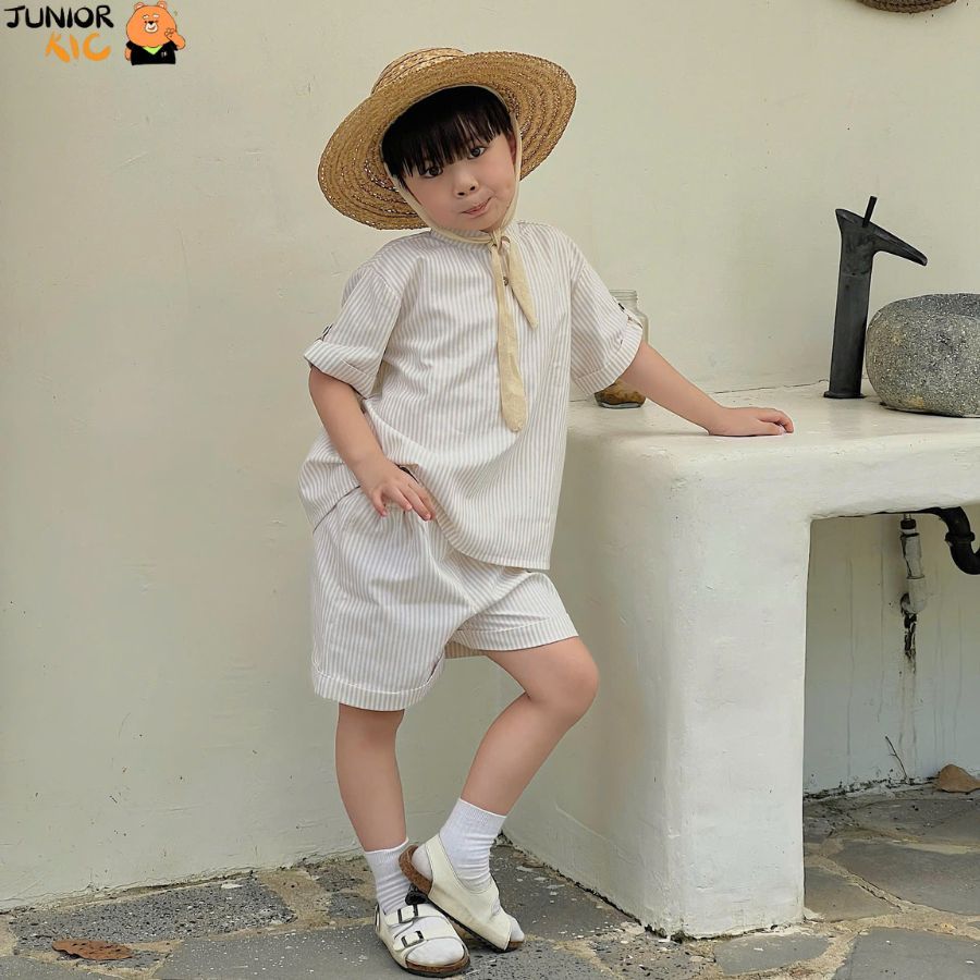 Juniorkic Set bộ quần áo hè thêu tay unisex ngắn tay bé trai bé gái phong cách Hàn Quốc thoáng mát 8-23kg chất lượng cao