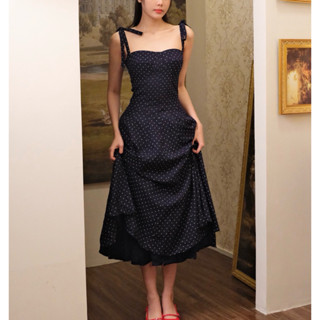  Lona dress chấm bi dáng dài hai dây thắt hơ vải linen 