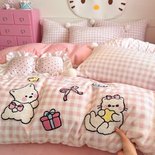 Bộ Chăn Ga Cao Cấp Chất Liệu Nỉ Nhung Mềm Mại, Ấm Áp, Hoạ Tiết Thêu 5D Nổi Bật, Ga Trải Giường Hoạ Tiết Cute