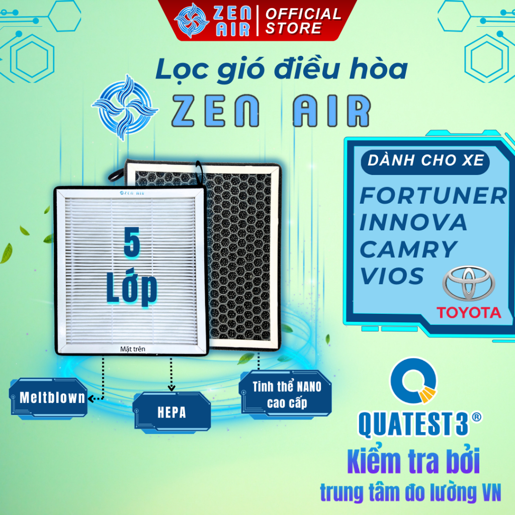 Lọc gió điều hòa Toyota CAMRY, VIOS, INNOVA, FORTUNER, lọc bụi mịn, khử độc, mùi thơm - ZEN AIR