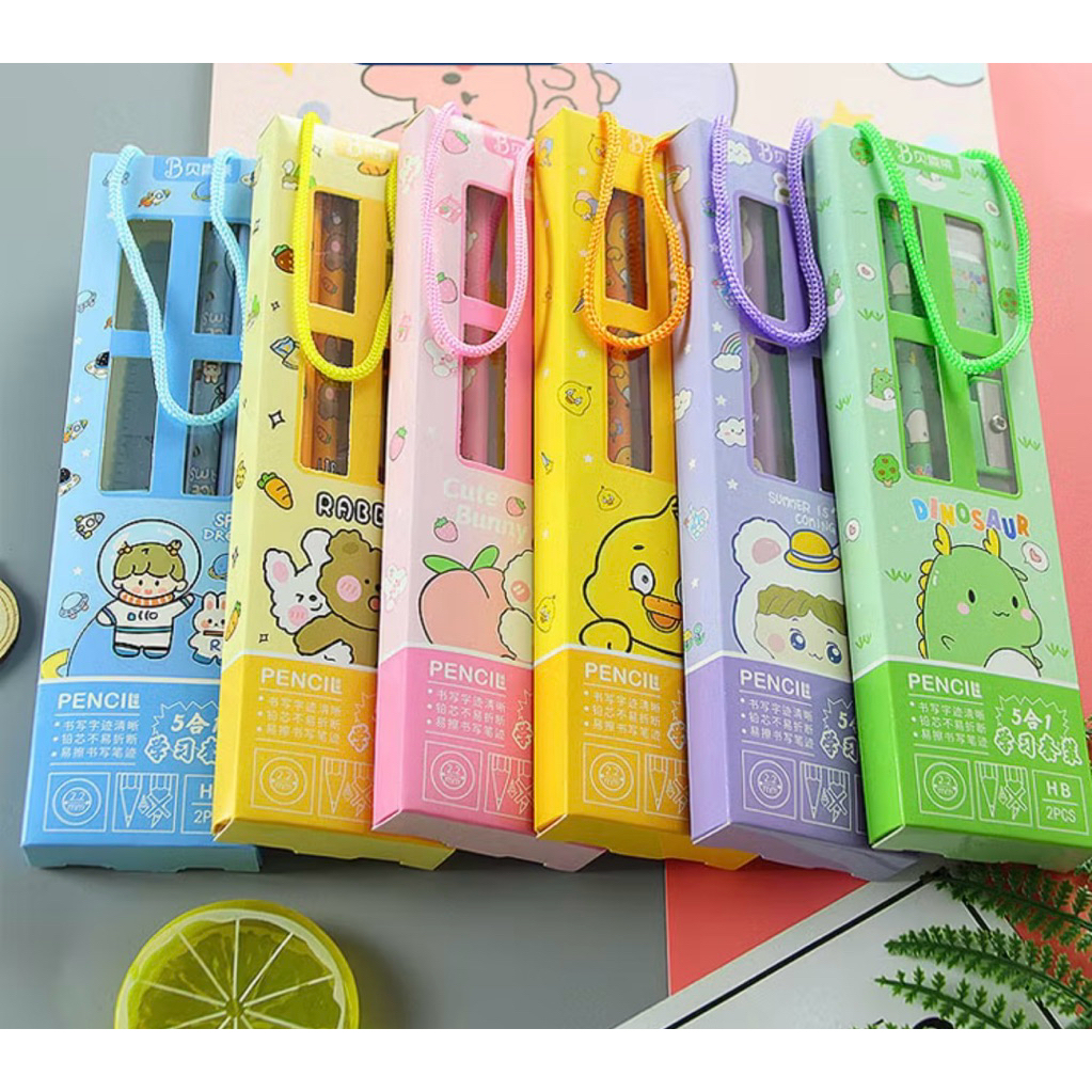 Bộ dụng cụ học tập 5 chi tiết có quai xách, đồ dùng học tập dễ thương cute giá rẻ làm quà tặng học s