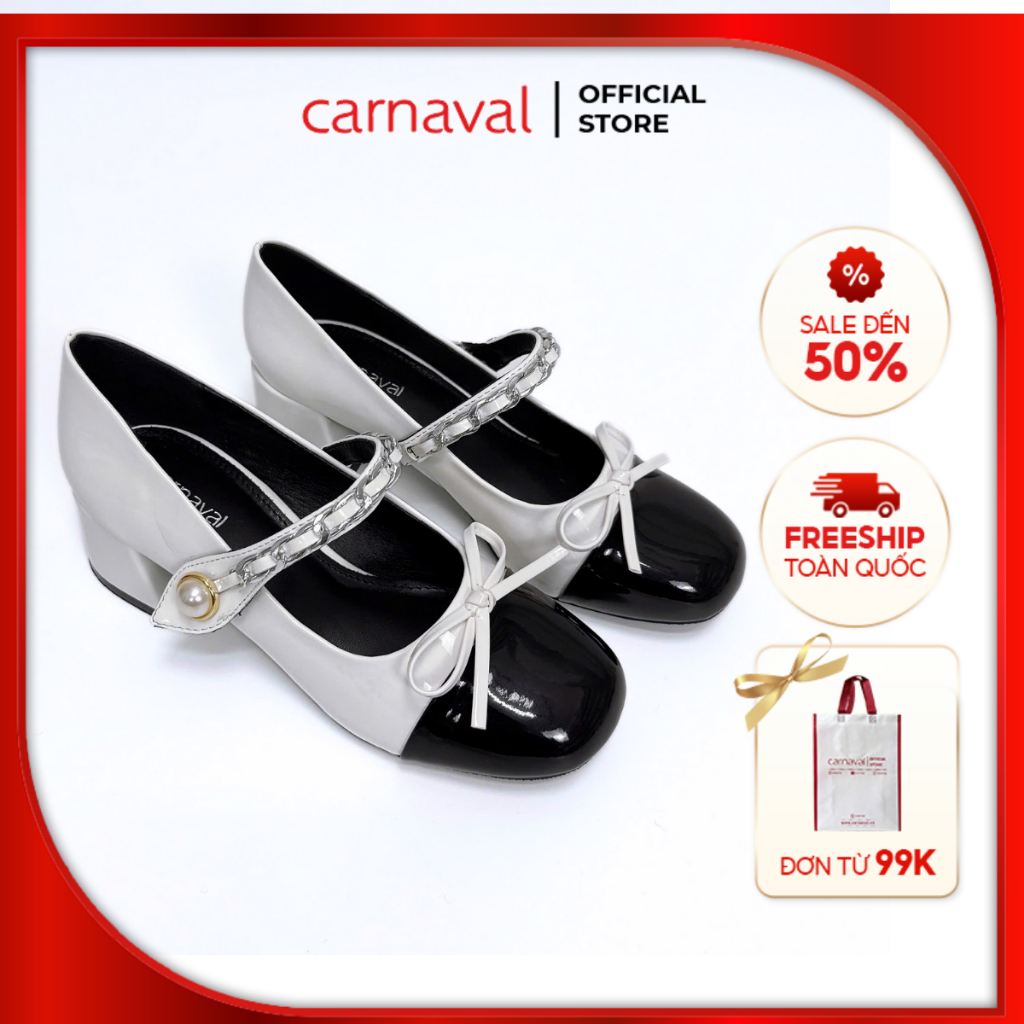 Giày Nữ Cao Gót 5cm Kiểu Dáng Búp Bê Trang Trí Nơ, Quai Gài Đính Ngọc Trai Carnaval Siểu Xinh - VS83