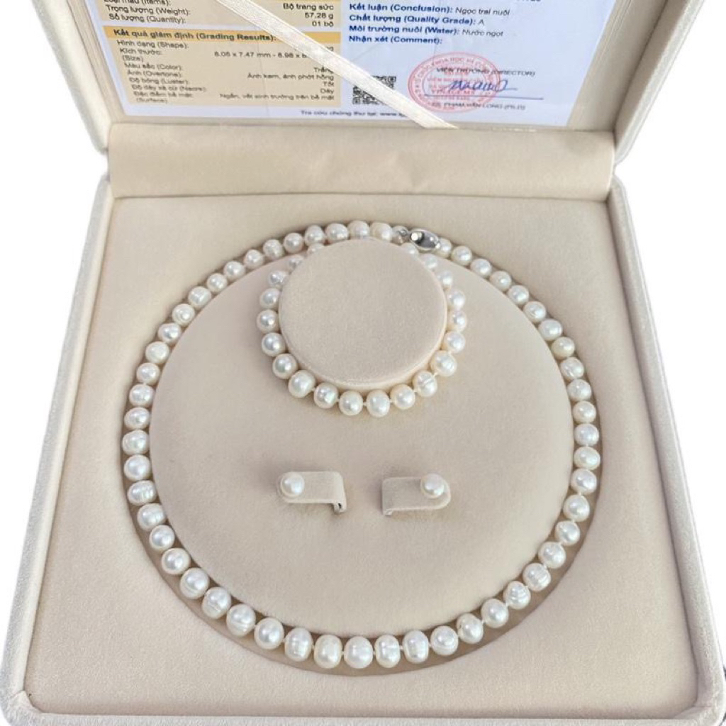 Bộ trang sức ngoc trai nước ngọt, hạt tròn giá rẻ 8ly màu Trắng- Quà Tặng ý nghĩa