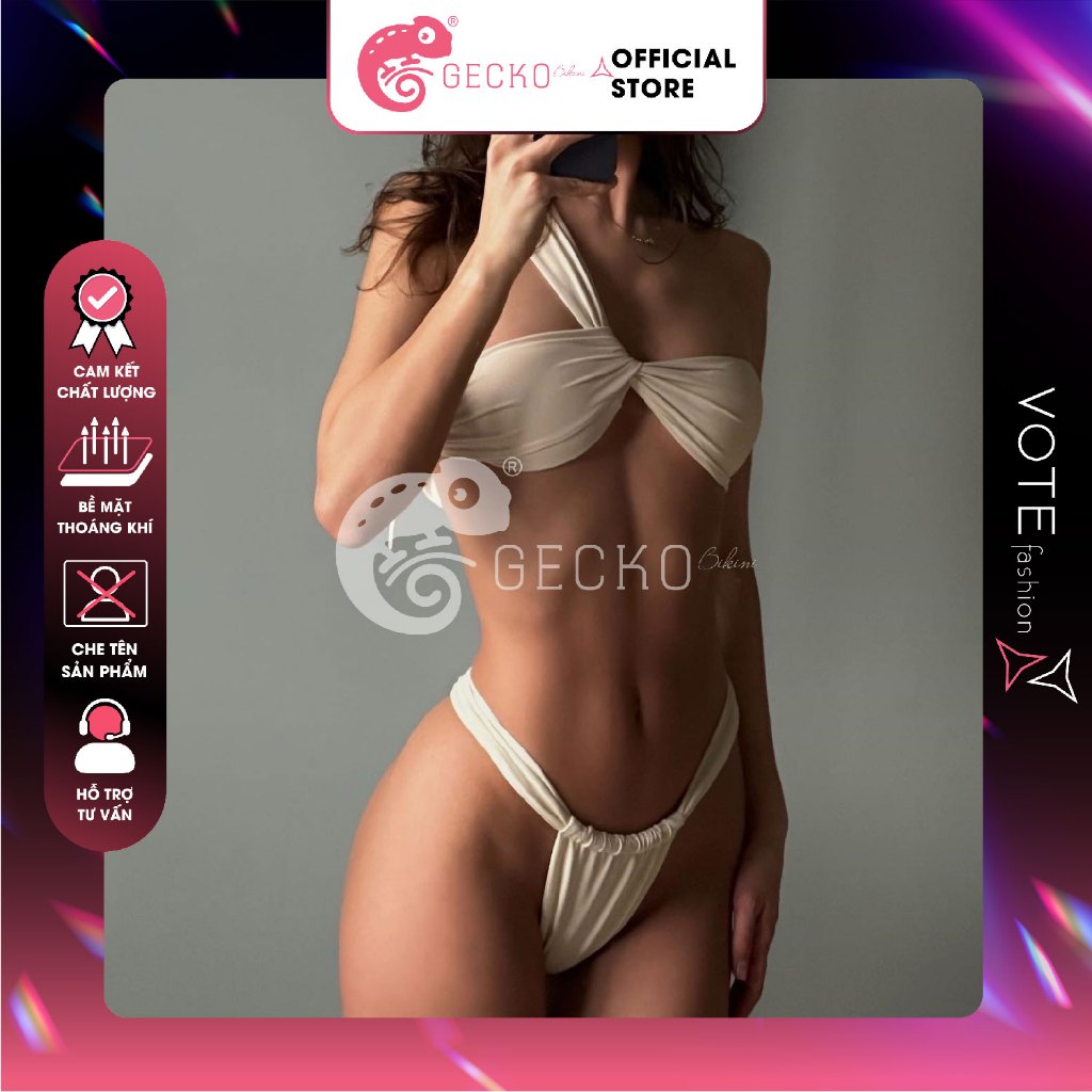 GECKO Bikini 2 Mảnh Lọt Khe Áo Lệch Vai Quần Đan Dây 2M40-A (Ảnh Thật, 7 Màu)