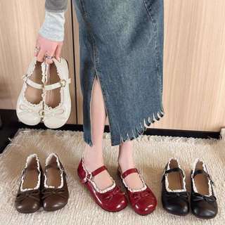   Chân thon lùi 1sz  Giày Búp Bê Nữ Nơ Ren Khóa Thắt Lưng Đế Da Giày ballet Mềm Màu be nâu đen đỏ  size35-39  V088 