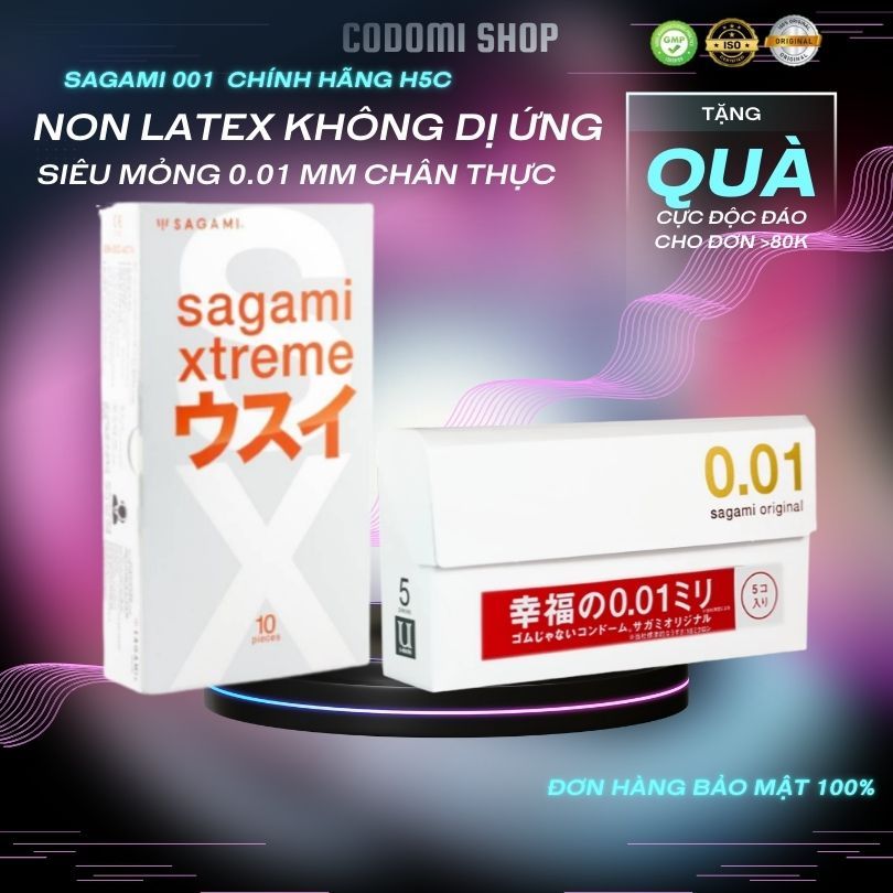 [COMBO] Bao cao su Sagami 001 Non latex tránh dị ứng bcs Siêu mỏng 0.01 mm nhỏ hơn 1/6 kích cỡ sợi tóc 1 Hộp
