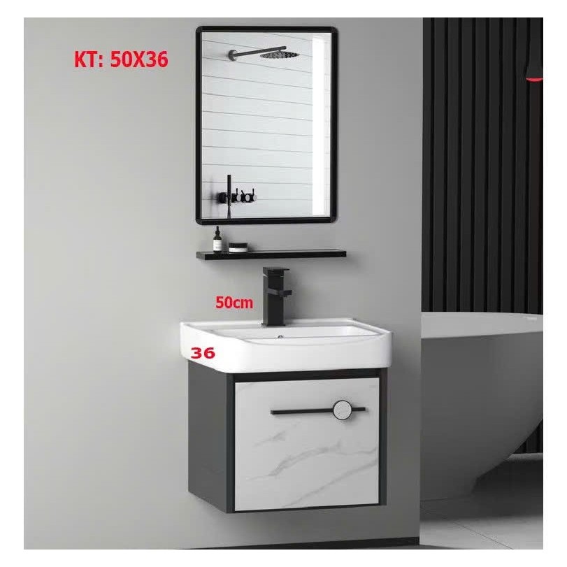 (HỎA TỐC 2H-HCM-SALE) Bộ tủ LAVABO XÁM ĐEN kt:50x36cm  đủ bộ Gương + kệ gương + lavabo + tủ lavabo.