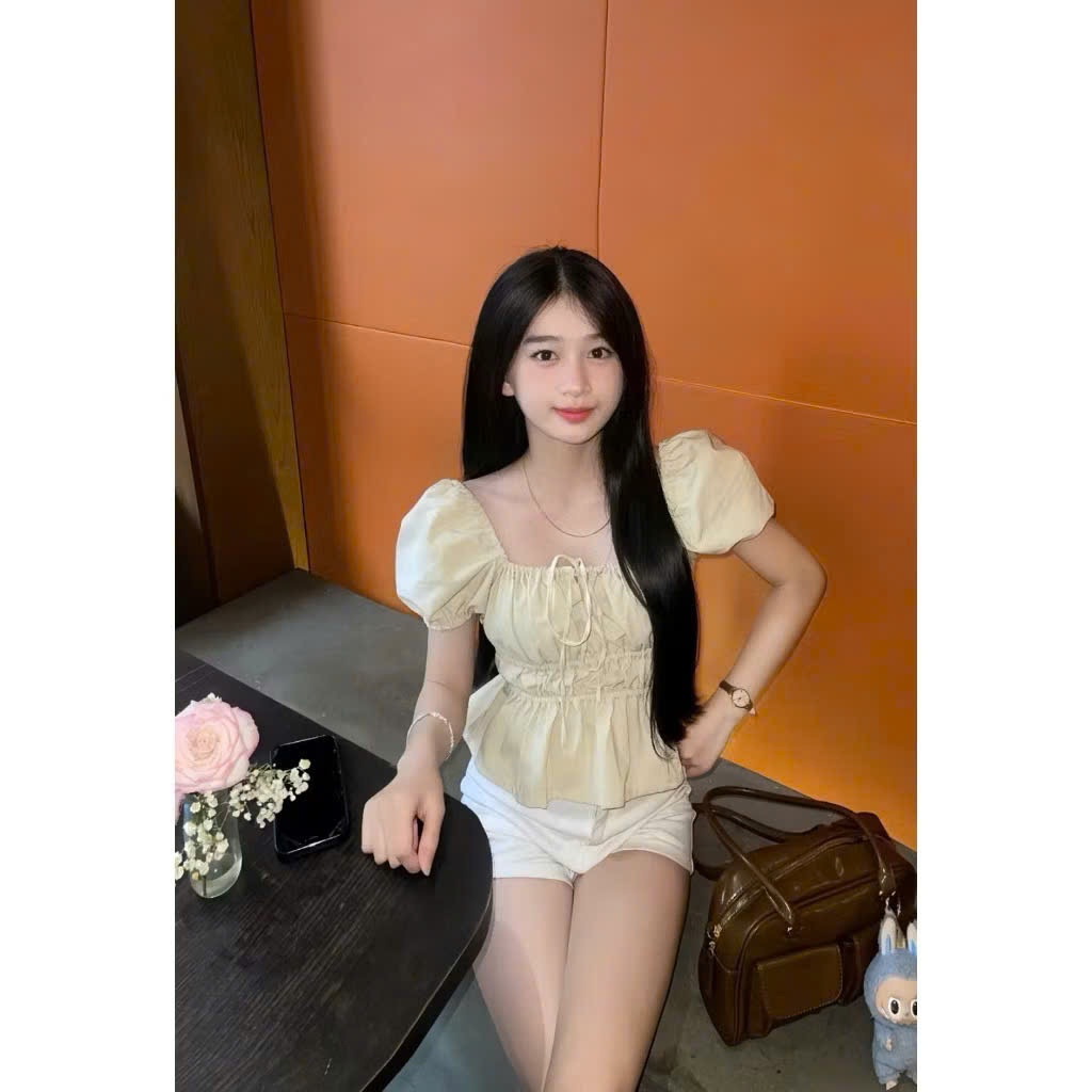 Áo babydoll linen kiểu xinh tay phồng tiểu thư công chúa bo thân nơ coquette ngực xinh xắn | BigBuy360 - bigbuy360.vn