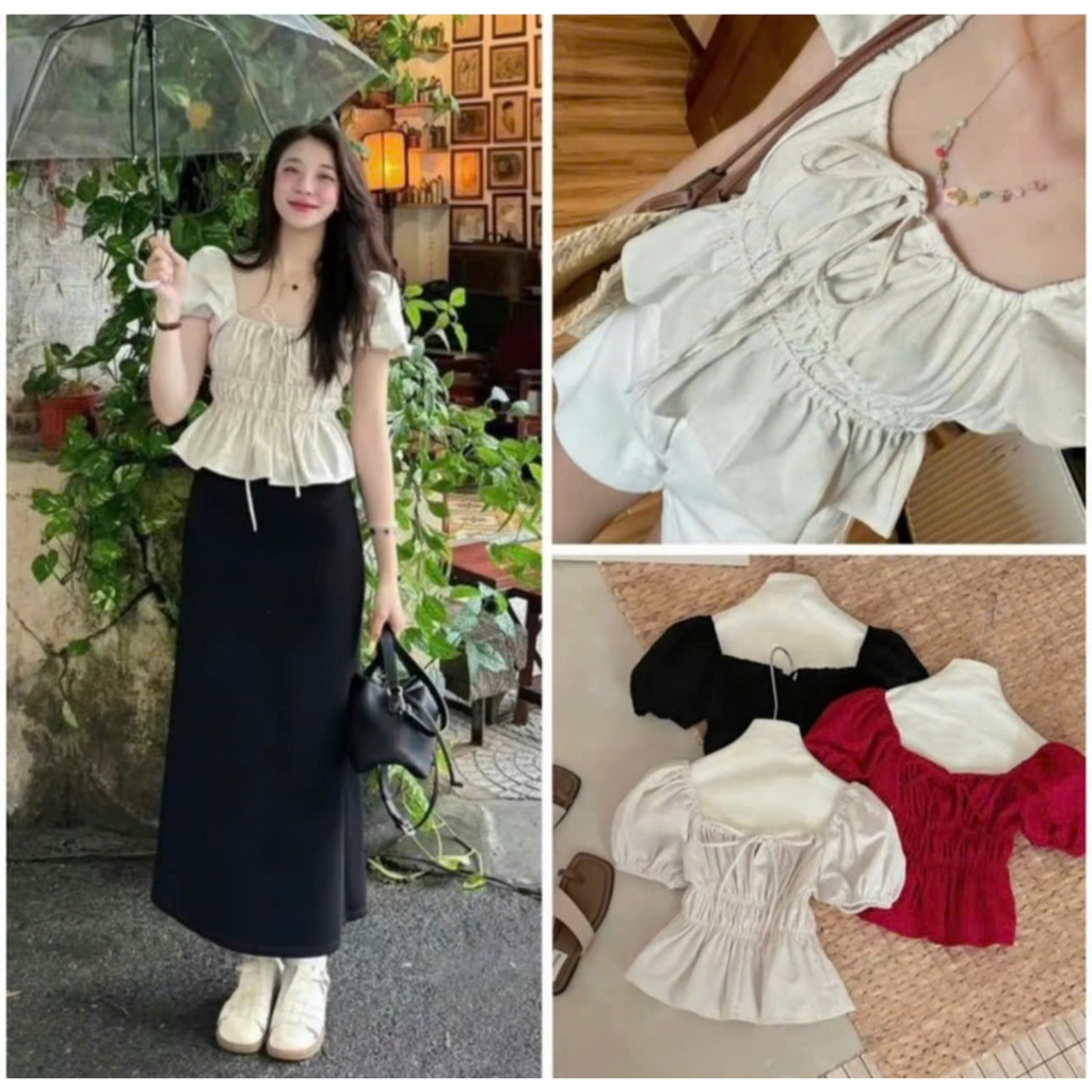 Áo babydoll linen cổ vuông tay bồng nơ ngực áo kiểu xinh cổ vuông-ALASAVA | BigBuy360 - bigbuy360.vn