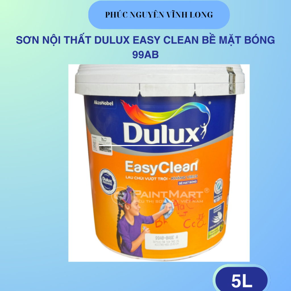 Sơn Nội Thất Dulux Easy Clean Mờ 99AB-Lau Chùi Vượt Trội, Kháng Virus 5L [Chính Hãng]