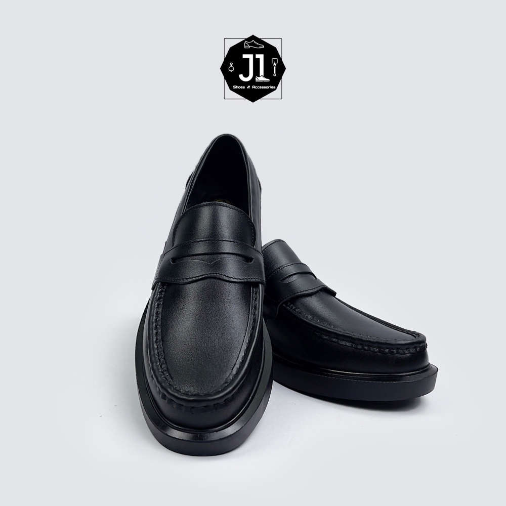 Giày Penny Loafer Chunky Full Black LF03 Da Bò Nappa J1, Giày Tây Lười Đế Cao Su Tăng Chiều Cao 4cm