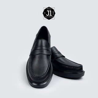 Giày Penny Loafer Chunky Full Black LF03 Da Bò Nappa J1, Giày Tây Lười Đế Cao Su Tăng Chiều Cao 4cm