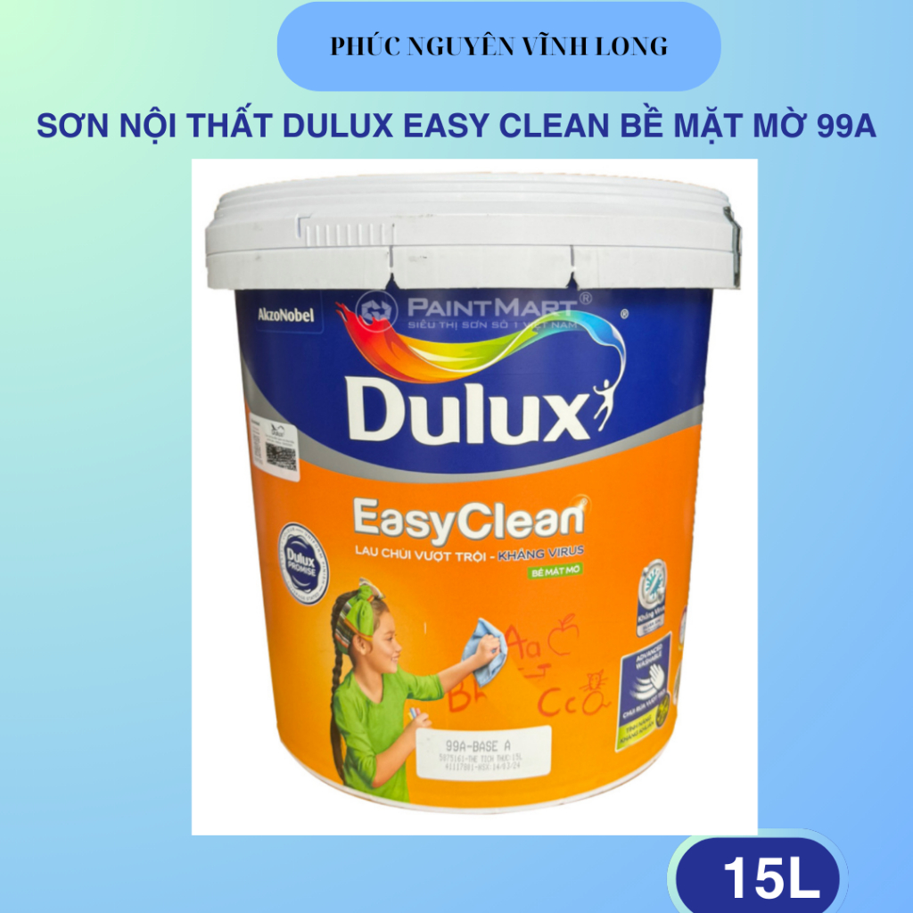 Sơn Nội Thất Dulux Easyclean Mờ 99A-Lau Chùi Vượt Trội, Kháng Virus [Chính Hãng]