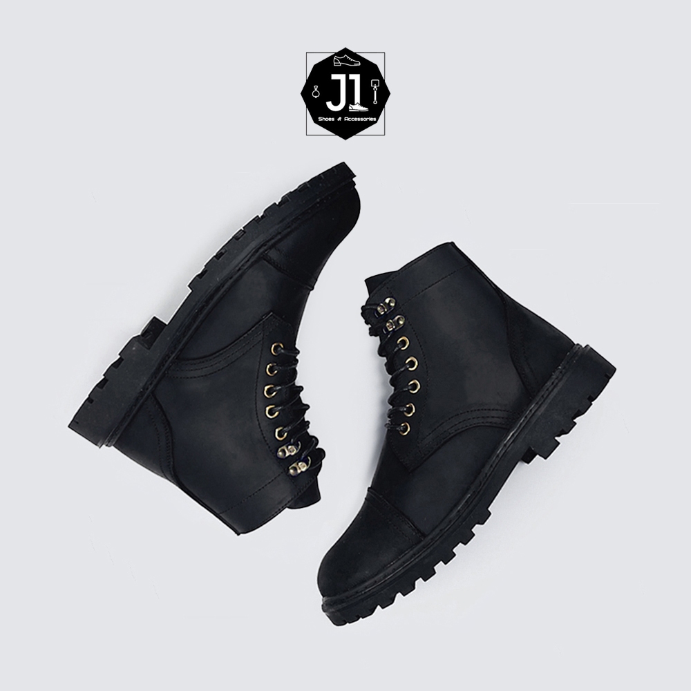 Giày Combat Boot Da Bò Sáp Iron Black J1,Giày Boot Nam Đế Cao Su Bảo Hành 12 Tháng