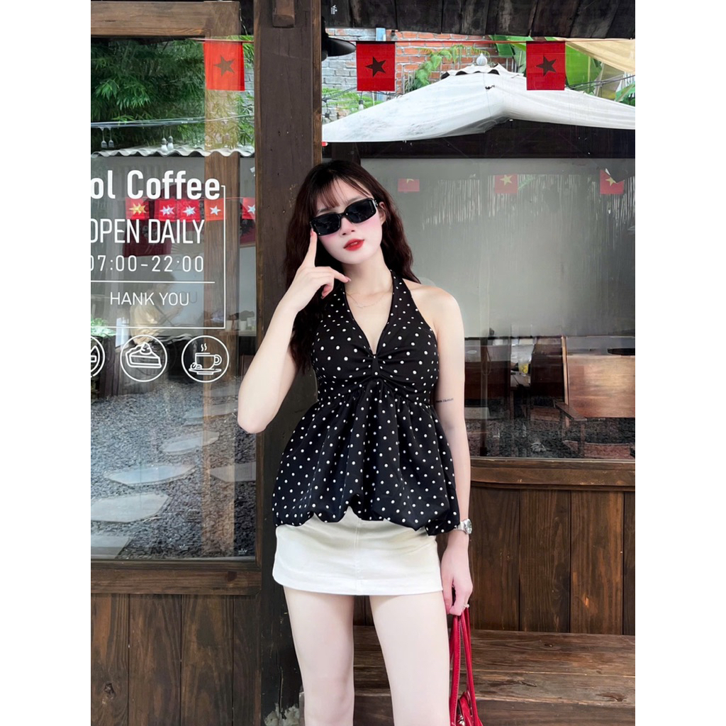 (CÓ ĐỆM) ÁO CỔ YẾM XOẮN NGỰC DÁNG PELUM BÍ PHỒNG CHẤM BI QUYẾN RŨ CHO NỮ m6035 | BigBuy360 - bigbuy360.vn