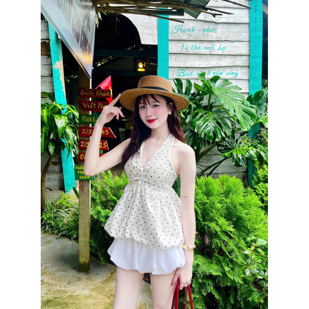 (CÓ ĐỆM) ÁO CỔ YẾM XOẮN NGỰC DÁNG PELUM BÍ PHỒNG CHẤM BI QUYẾN RŨ CHO NỮ m6035 | BigBuy360 - bigbuy360.vn