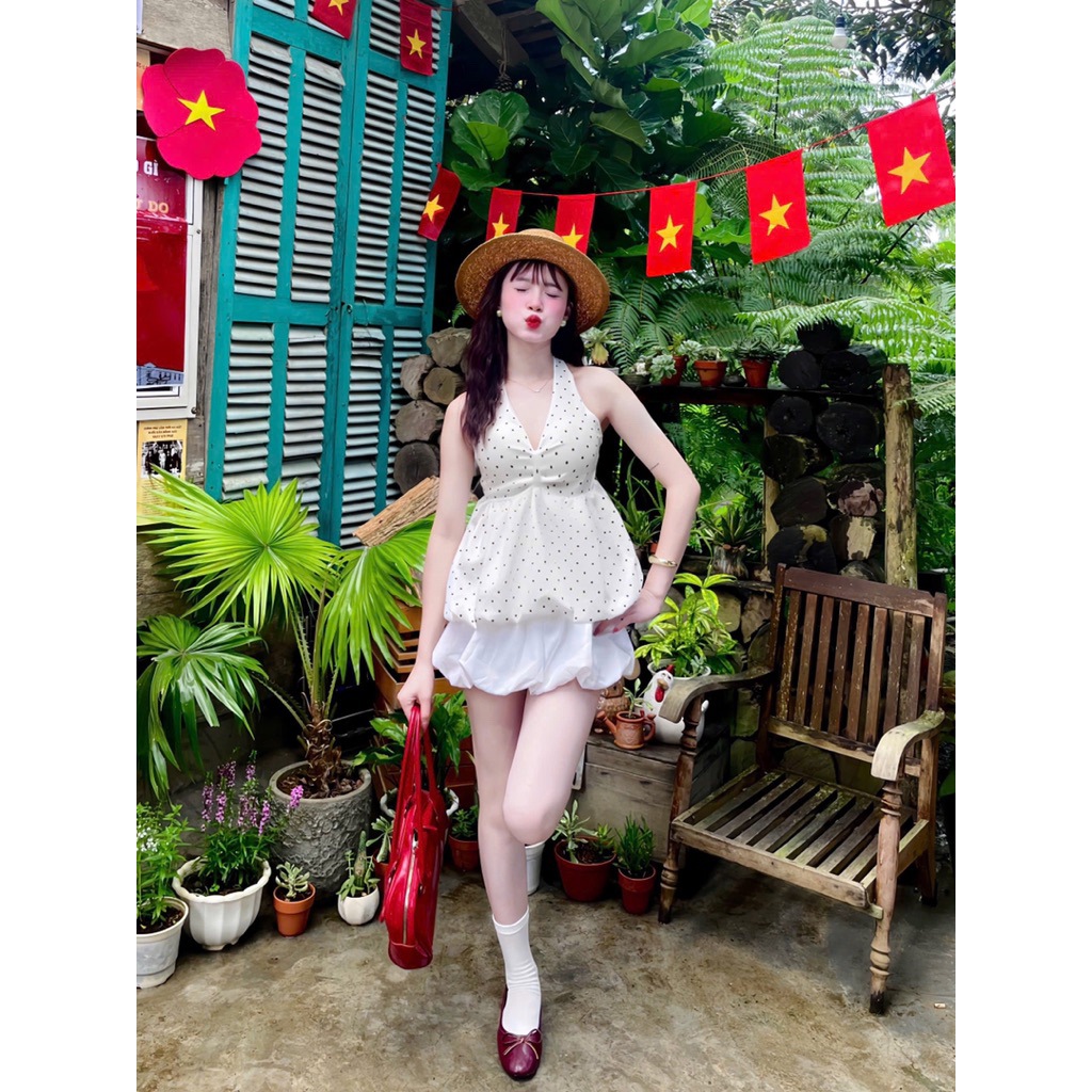 (CÓ ĐỆM) ÁO CỔ YẾM XOẮN NGỰC DÁNG PELUM BÍ PHỒNG CHẤM BI QUYẾN RŨ CHO NỮ m6035 | BigBuy360 - bigbuy360.vn