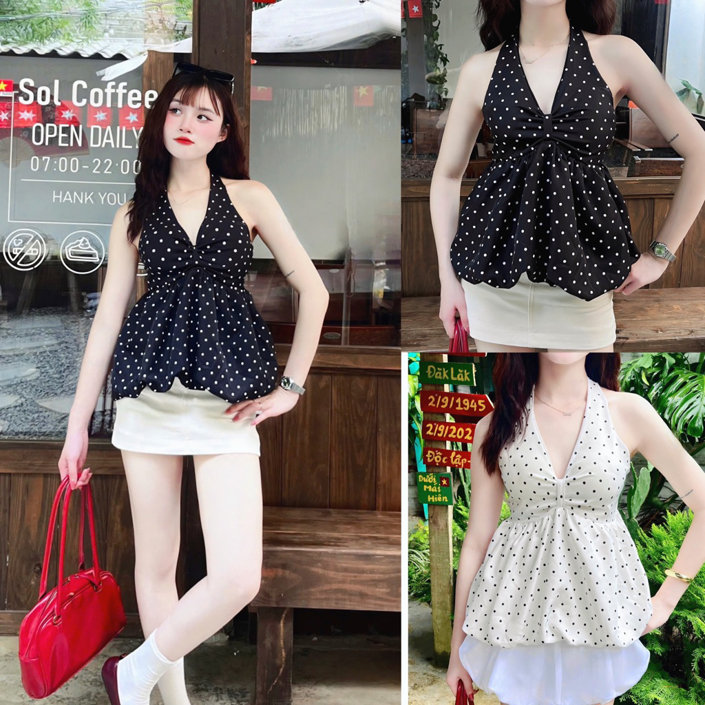 (CÓ ĐỆM) ÁO CỔ YẾM XOẮN NGỰC DÁNG PELUM BÍ PHỒNG CHẤM BI QUYẾN RŨ CHO NỮ m6035 | BigBuy360 - bigbuy360.vn