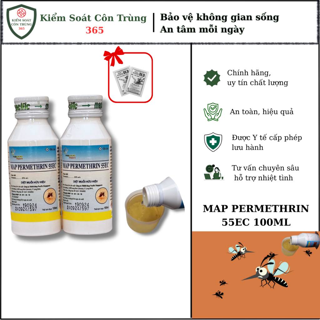 Map Permethrin 55ec– Xử lý muỗi, côn trùng, chai 100ml, tẩm mùng màn- thành phần cao hơn