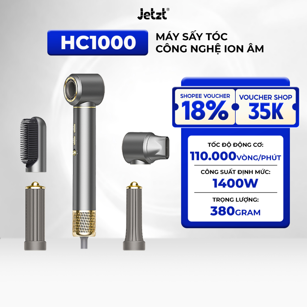 Máy sấy tóc ion âm 5in1 Jetzt HC1000 - Đa Chức Năng Công Nghệ Ion Giảm Hư Tổn Tóc 1300W