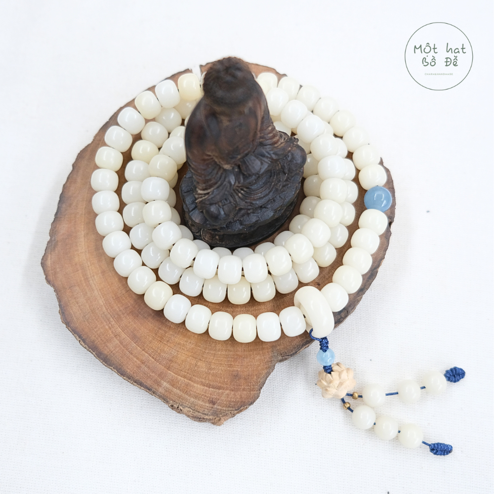 Chuỗi 108 hạt bồ đề trắng phối hạt đá xanh - Nhẫn bồ đề sen gỗ - Vòng Bồ Đề - Handmade - Một Hạt Bồ 