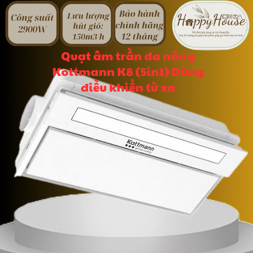 Quạt âm trần đa năng Kottmann K8 (5in1) Dùng điều khiển từ xa - Hàng chính hãng (TẶNG KÈM ỐNG BẠC)