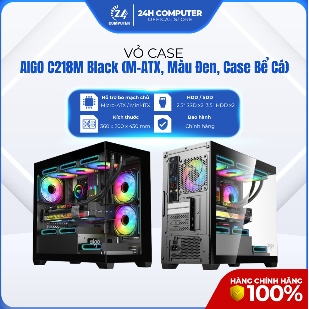 Vỏ case AIGO C218M Black (m-ATX, Màu Đen, Case Bể Cá)