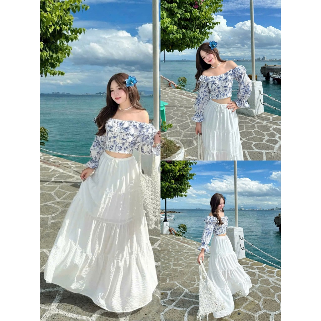 Set váy thời trang nữ chất Đũi cao cấp áo bèo trễ vai dài tay in hoa văn hở eo quyến rũ chân váy dài