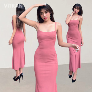 VITRAN BOUTIQUE Đầm Dây Đuôi Cá Thun Sọc Quảng Châu Co Dãn Giãn Ôm Body Dáng Trơn Basic Cơ Bản Đơn Giản Minimal (DDDC)