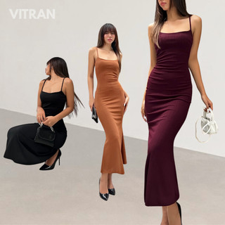 VITRAN BOUTIQUE Đầm Dây Đuôi Cá Thun Sọc Quảng Châu 2 Lóp Lót Co Dãn Ôm Dáng Trơn Basic Cơ Bản Đơn Giản Minimal (DDDC)
