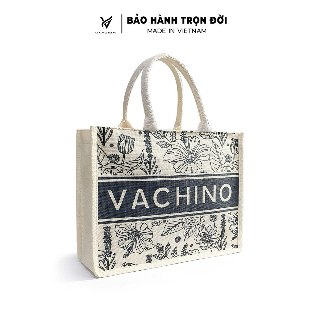 [Ngang:36cm + Rộng:10cm + Cao:25cm]Túi cói đi biển VACHINO TX038 – họa tiết vintage hoa lá, thân thiện môi trường