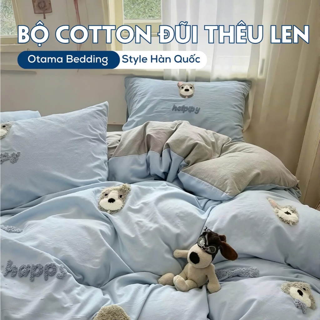 Bộ chăn ga 4 món cotton đũi họa tiết thêu len decor phòng ngủ Otama Bedding set drap dễ thương cho bé 