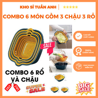 Bộ Rổ Nhựa 6 Món Kèm Chậu Đa Năng, Đựng Thực Phẩm Rau Củ Quả Cao Cấp [3 Chậu - 3 Rổ] Tiết Kiệm Không Gian, Tiện Lợi