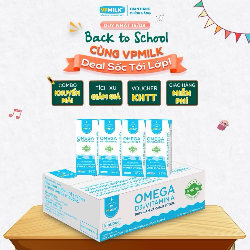 Sữa Dinh Dưỡng Tiệt Trùng VPMilk Omega Ít Đường dạng hộp 180ml (thùng 48 hộp)