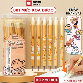  Hộp 20 Bút Gel Xóa Được Ngòi ST 0.5mm Kèm Đầu Tẩy Mực Xanh  Tím - 5 Mẫu Hình Capybara Labubu Naruto Shin Chiikawa 