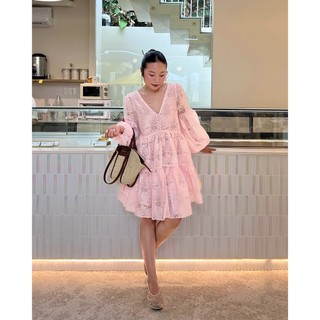  RANDOMLIST – Đầm babydoll tay phồng hoa nhí dáng ngắn tiểu thư  Hồng nhạt  