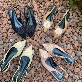 Giày búp bê hoa hồng da lộn, giày sandal mũi nhọn đính hoa hồng Chị Đẹp Store U142