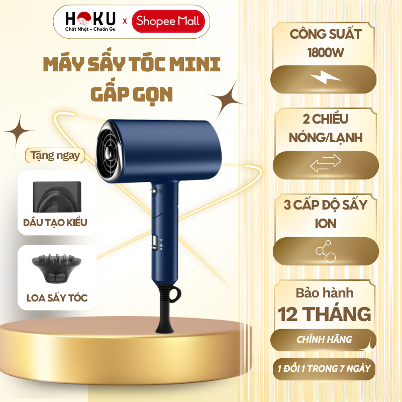 Máy Sấy Tóc Mini HOKU 1800W 3 Chức Năng Sấy Ion Âm, Chăm Sóc Tóc, 2 Chiều Nóng Lạnh MST03