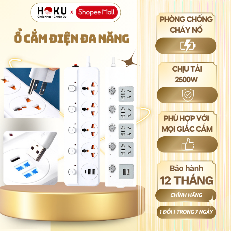 Ổ cắm điện đa năng hoku 2 cổng usb 5v sạc nhanh, chịu tải 2500w, tiết kiệm 30kwh, dây nối 2,5m-ocd08