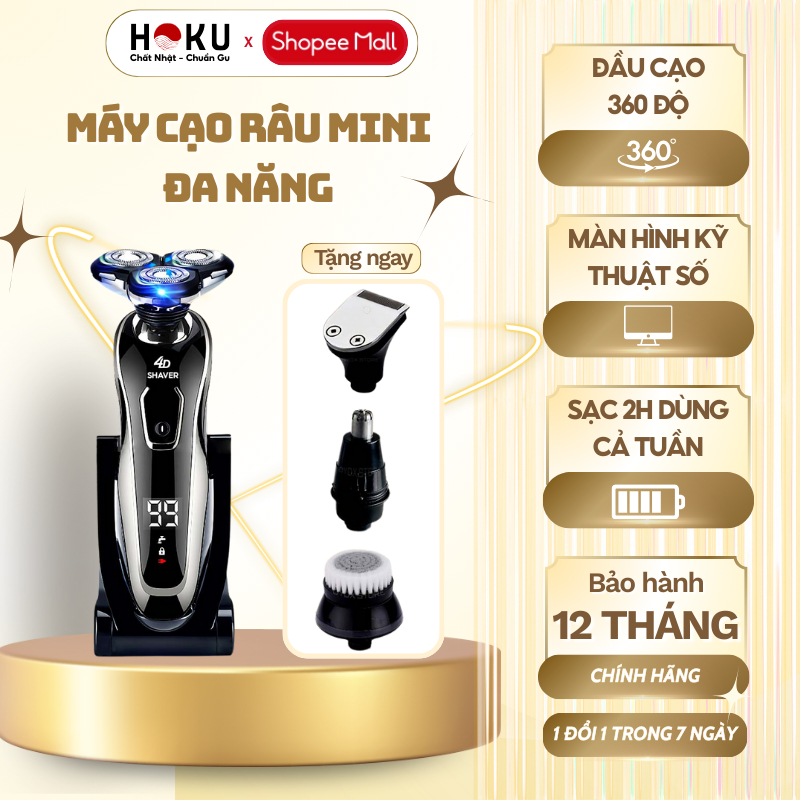 Máy Cạo Râu Mini HOKU Đa Năng 3 Lưỡi Kép, Màn Hình LED, Sạc Nhanh 2 Giờ, Chống Thấm Nước - MCR01
