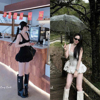 Váy Lông Thỏ Nữ Liền Thân Hai Dây Bản To Đen Trắng Kết Hợp Chân Váy Bồng Bềnh Siêu Xinh Tiểu Thư Sang Chảnh 