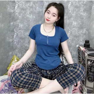  Đồ Bộ Nữ Áo Thun Tăm Lạnh Quần Lụa Mango Tay Ngắn Cổ Vuông 