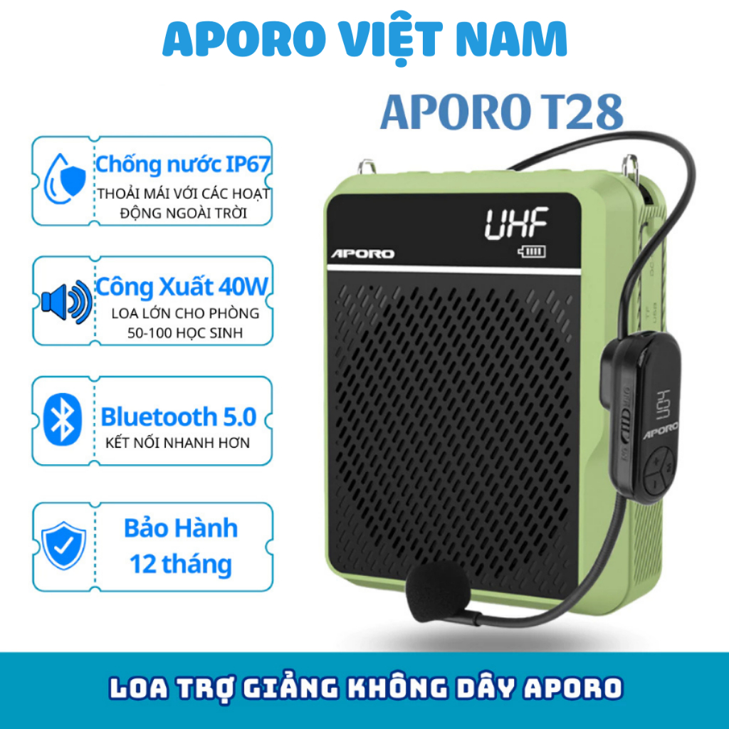 Máy trợ giảng không dây APORO T28 , Loa trợ giảng không dây APORO T28 công xuất 40W pin siêu khỏe tích hợp Bluetooth 5.0