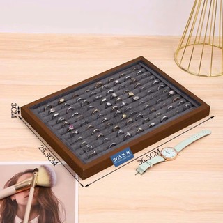 Khay Gỗ Trưng Bày Trang Sức, Phụ Kiện, Vòng Tay, Nhẫn, Khuyên Tai Lót Nỉ Nhung Màu Xám Than - KTS36