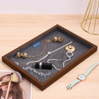 Khay Gỗ Trưng Bày Trang Sức, Phụ Kiện, Vòng Tay, Nhẫn, Khuyên Tai Lót Nỉ Nhung Màu Xám Than - KTS36