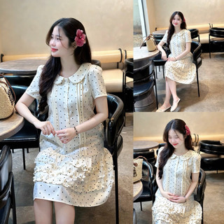  EVERMOM l Đầm bầu Maci chấm bi cổ sen xếp ly thân phối đuôi cá bèo nhún dễ thương cho mẹ. 