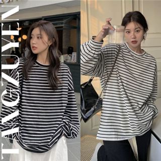 A027 Áo phông không cổ tròn nam nữ dáng to sọc Ulzzang hot hit Áo thun kẻ ngang đen trắng dài cộc tay form rộng unisex
