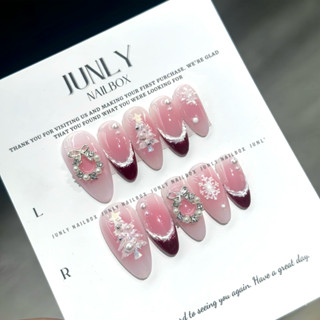  Nailbox thạch hồng ombre JUNLY - nail box thiết kế móng giả kẻ đầu móng tông đỏ noel giáng sinh 713 